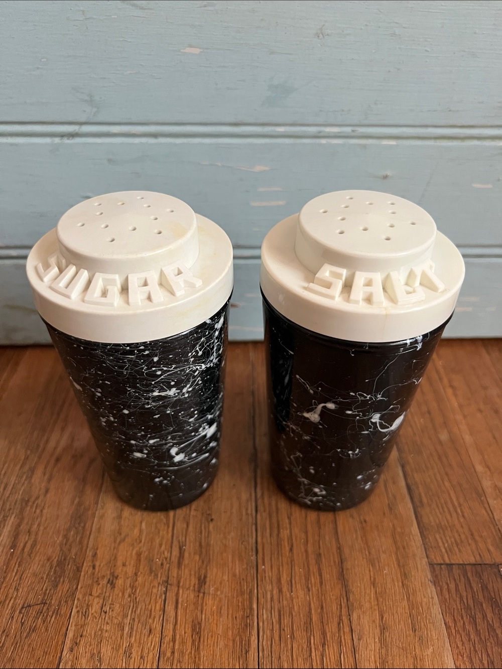 Vintage MCM Glass Black Marble Salt and Sugar Shaker Set with Plastic Lids